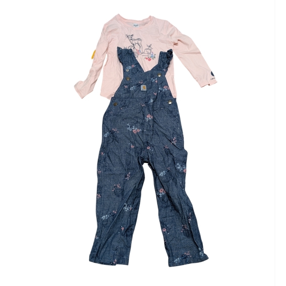 Carhartt Girls 4T Long Sleeve Shirt and Floral Chambray Overalls Set New
